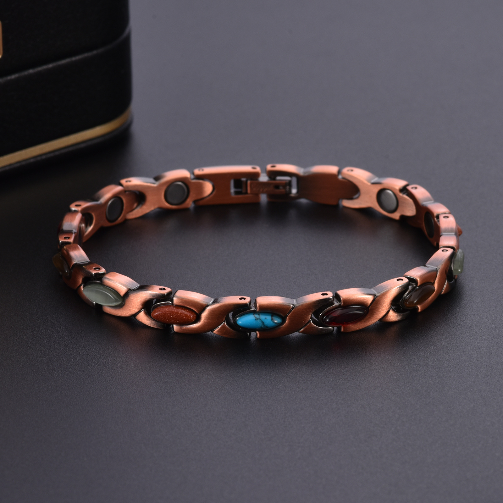 Vintage Copper Tone Magnetic Bracelet Unisex Fish Link Chain with Colourful Stones 19.5cm Bangle for Men and Women Jewellery Gift - Image 3