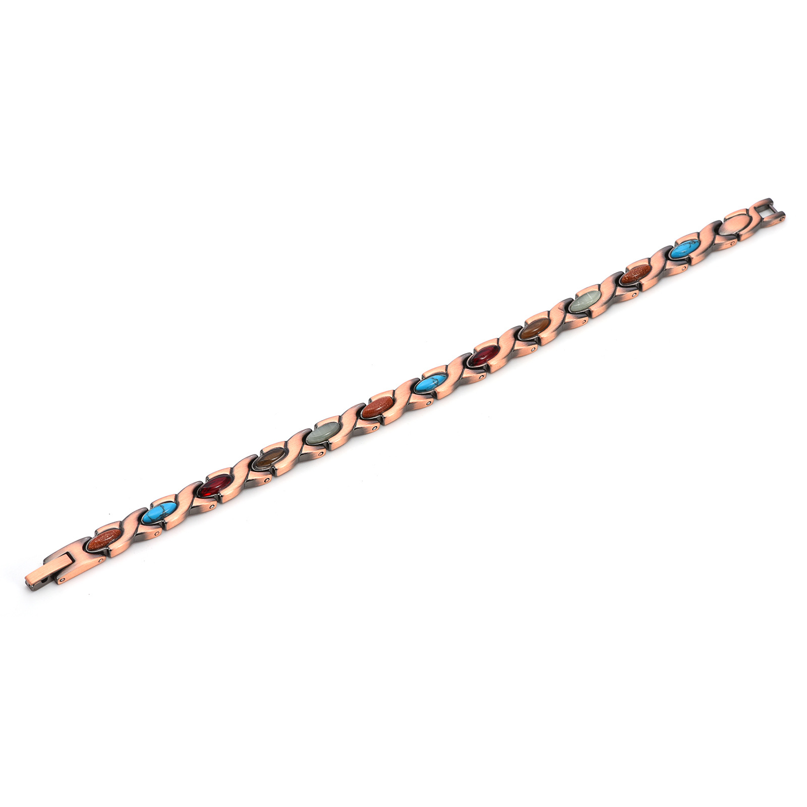 Vintage Copper Tone Magnetic Bracelet Unisex Fish Link Chain with Colourful Stones 19.5cm Bangle for Men and Women Jewellery Gift - Image 6