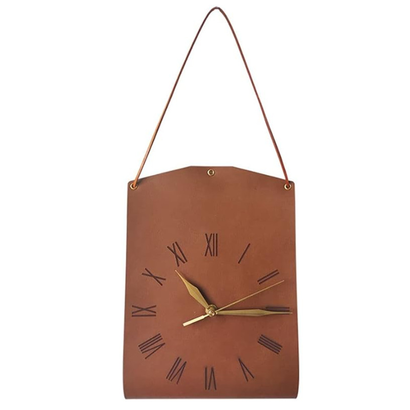 Dark Brown Nordic Style PU Leather Hanging Wall Clock Vintage Industrial Design with Roman Numerals Creative Art Timepiece for Cafe Living Room and Office - Image 1