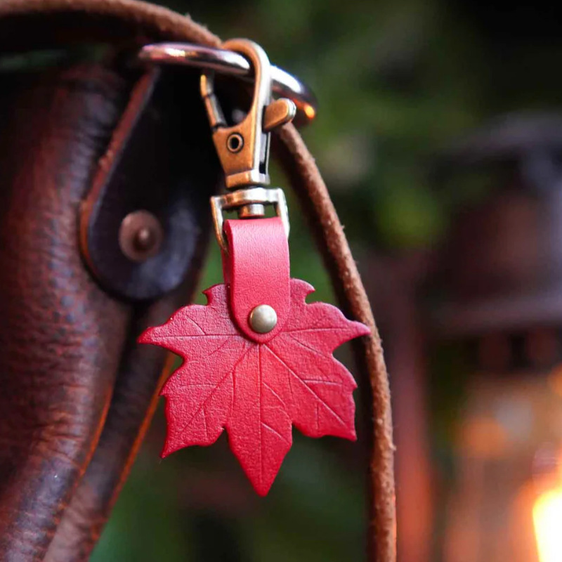 Red 3 Pack PU Leather Maple Leaf Keychain Set Vintage Style Autumn Leaf Keyring Bag Charm Pendant for Women Handbag and Car Keys - Image 1