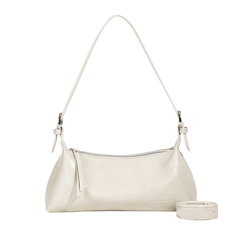 Beige Women's Metallic Silver Underarm Baguette Bag French Style PU Leather Shoulder Purse with Adjustable Crossbody Strap for Evening and Daily Use - Image 1