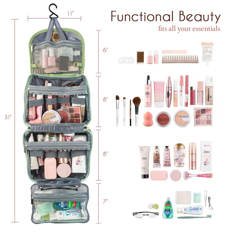 Beige Large Hanging Toiletry Bag Waterproof Travel Cosmetic Organiser with Sturdy Hook 4 Compartments Makeup Wash Case for Women and Men - Image 2