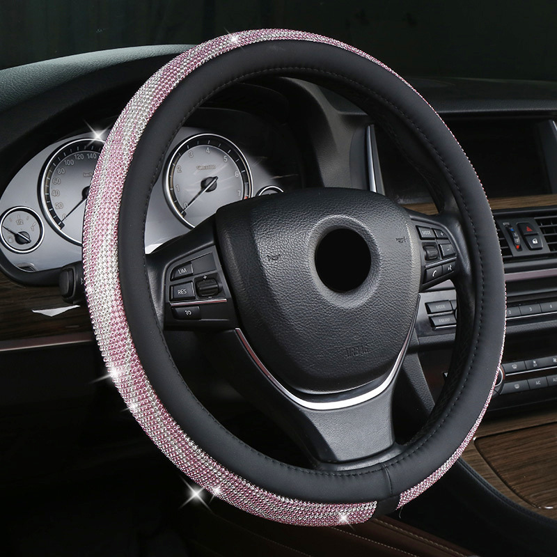 Pink-black Bling Crystal Steering Wheel Cover 38cm Universal Fit Rhinestone Car Accessories for Women - Non-Slip Diamond Protector for Standard 15 Inch Wheels - Image 1