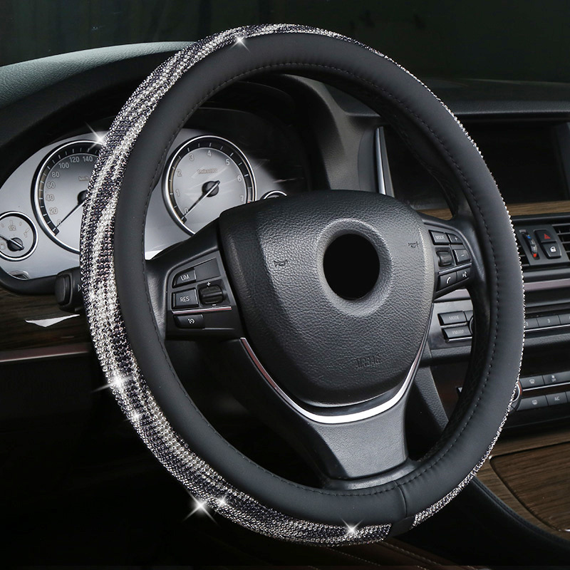 White-black Bling Crystal Steering Wheel Cover 38cm Universal Fit Rhinestone Car Accessories for Women - Non-Slip Diamond Protector for Standard 15 Inch Wheels - Image 1