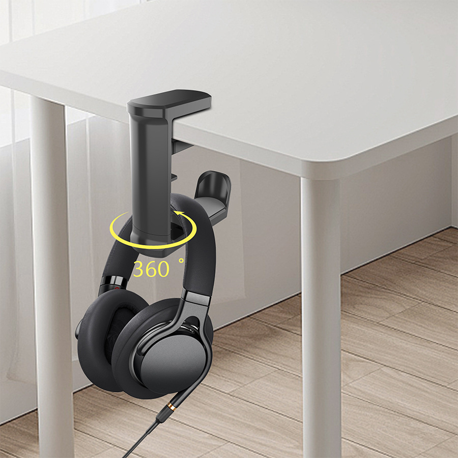 White Under Desk Headphone Hanger Clamp 360 Degree Rotating - Adjustable Headset Holder Hook with Cable Organiser for Home Office & Gaming Setup (Fits 1-5.5cm Desks) - Image 3