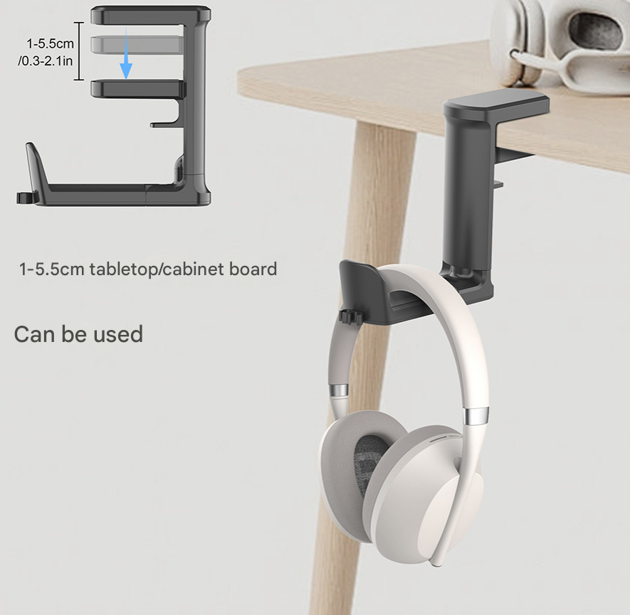 White Under Desk Headphone Hanger Clamp 360 Degree Rotating - Adjustable Headset Holder Hook with Cable Organiser for Home Office & Gaming Setup (Fits 1-5.5cm Desks) - Image 4