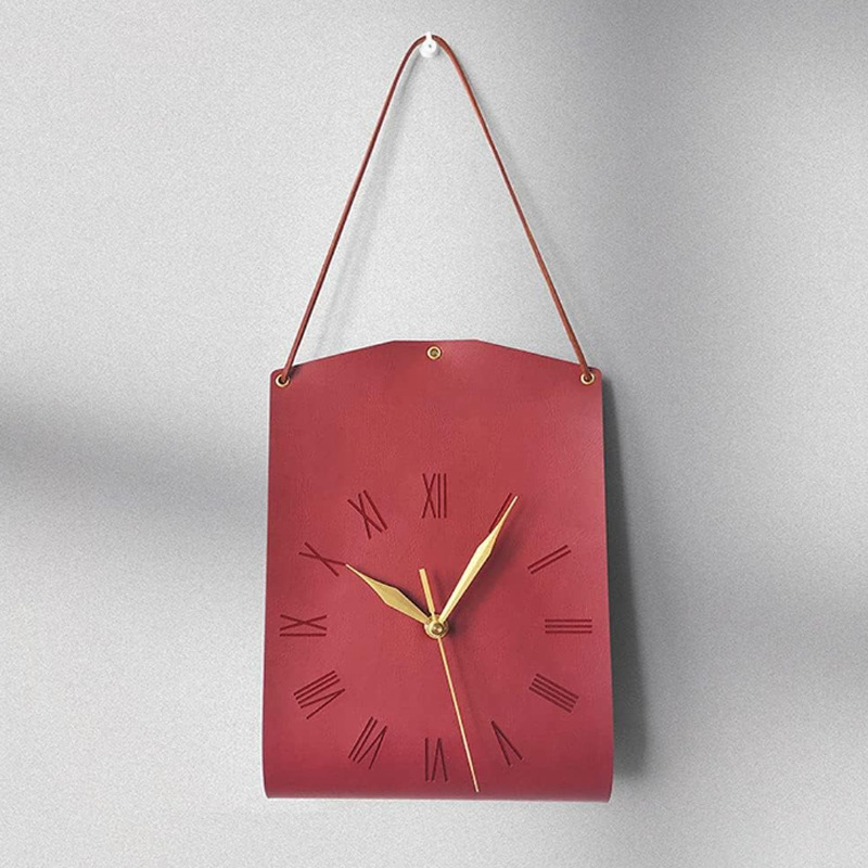 Red Nordic Style PU Leather Hanging Wall Clock Vintage Industrial Design with Roman Numerals Creative Art Timepiece for Cafe Living Room and Office - Image 1