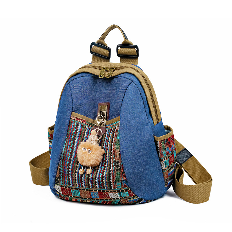 Vintage Denim Backpack with Boho Embroidery - Spacious Lightweight Daypack for Women - Casual Canvas Rucksack for Travel, School & Festivals (39cm Height) - Image 1