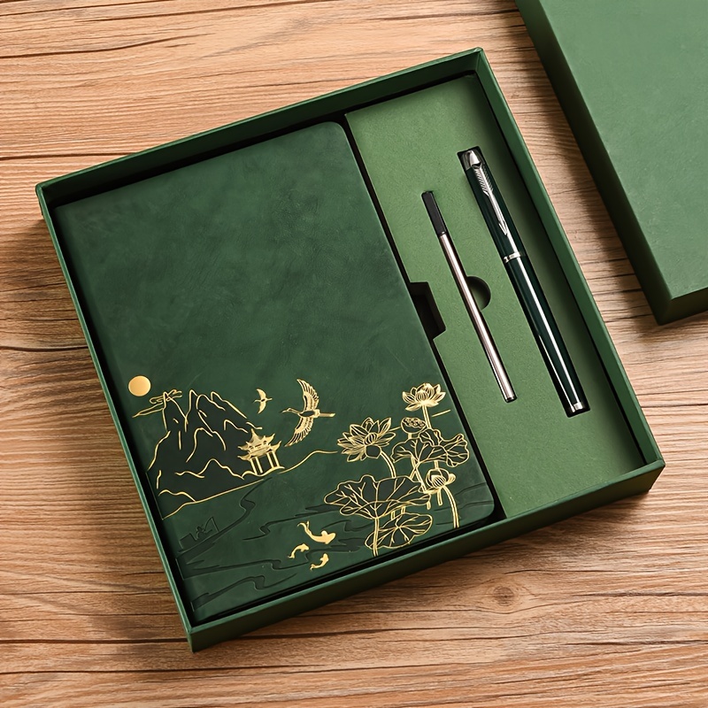 Green A5 Premium Notebook Gift Set with Pen - PU Leather Journal with Gold Oriental Art - 200 Pages Business Diary & Corporate Gift Box (Lotus & Crane Design) - Image 1