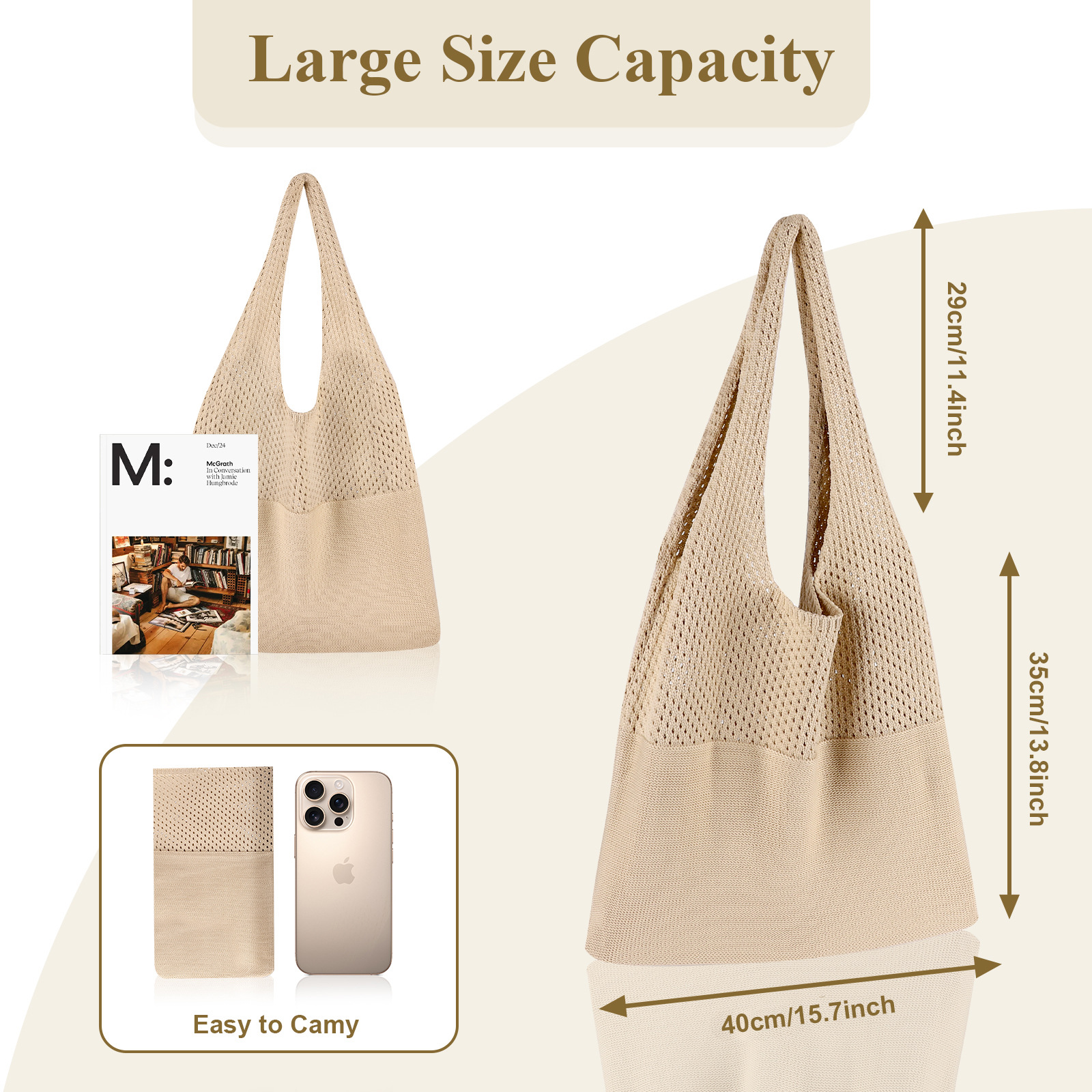 White Women's Large Mesh Beach Tote Bag Boho Crochet Shoulder Shopper Reusable Eco Grocery Net Bag for Summer Travel and Markets - Image 2