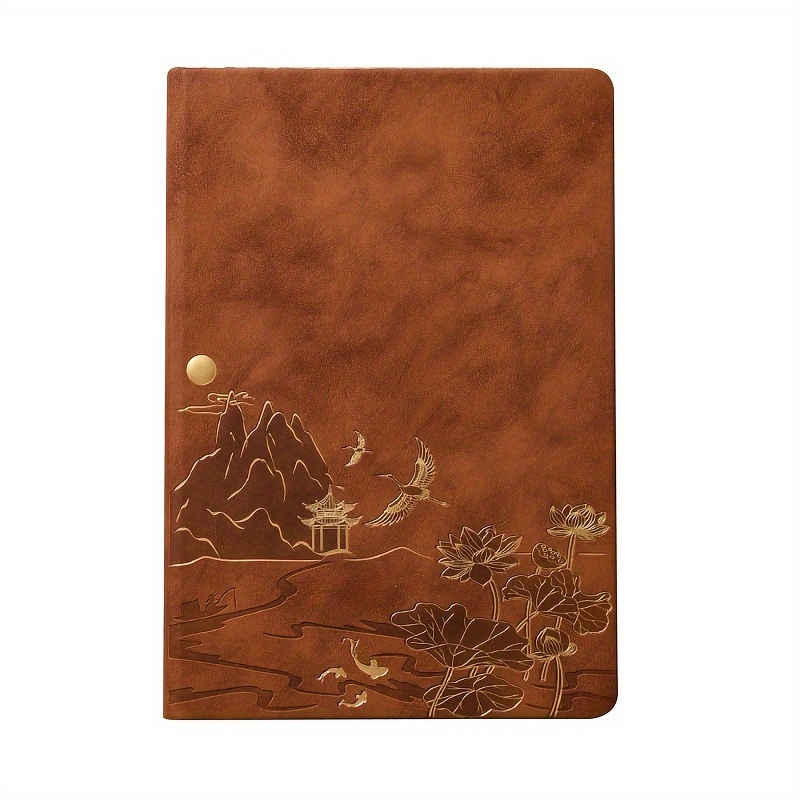 Brown A5 Premium Notebook Gift Set with Pen - PU Leather Journal with Gold Oriental Art - 200 Pages Business Diary & Corporate Gift Box (Lotus & Crane Design) - Image 1