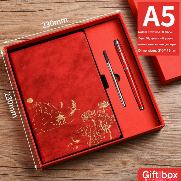 Brown A5 Premium Notebook Gift Set with Pen - PU Leather Journal with Gold Oriental Art - 200 Pages Business Diary & Corporate Gift Box (Lotus & Crane Design) - Image 3