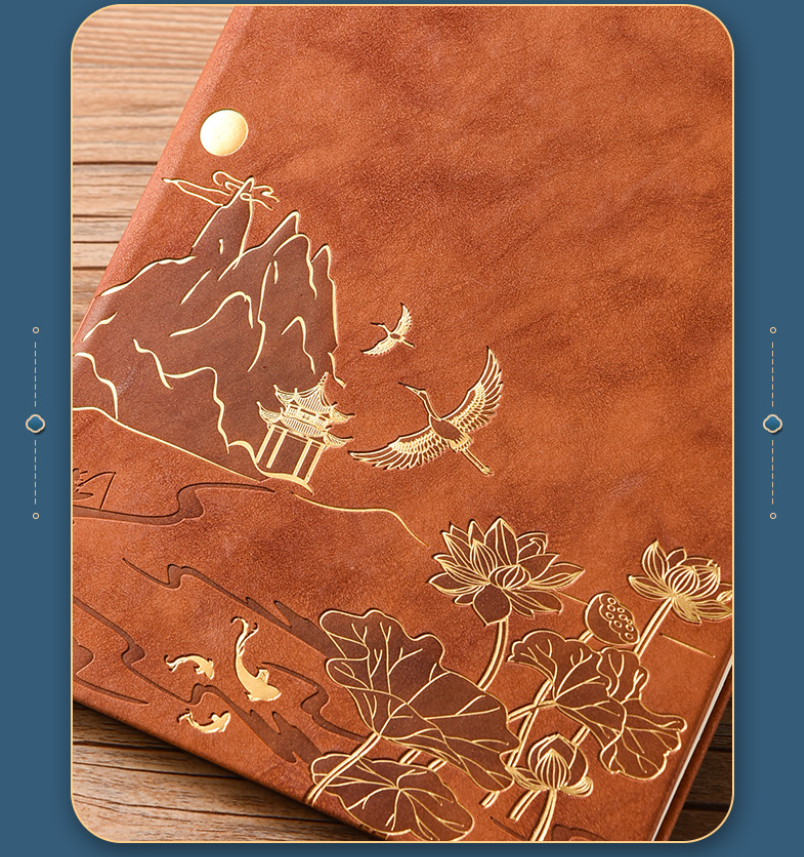 Brown A5 Premium Notebook Gift Set with Pen - PU Leather Journal with Gold Oriental Art - 200 Pages Business Diary & Corporate Gift Box (Lotus & Crane Design) - Image 4