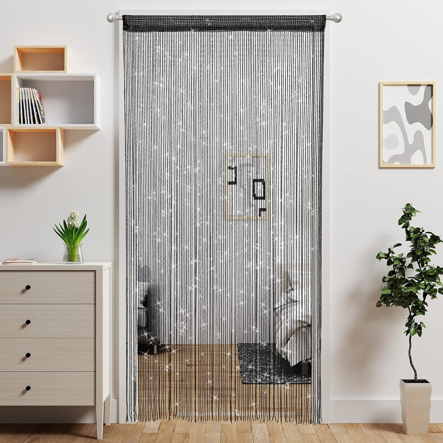 Black 2 Pack Sparkle String Door Curtains 100x200cm Glitter Sequin Tassel Room Divider for Australian Home Decor and Parties - Image 1