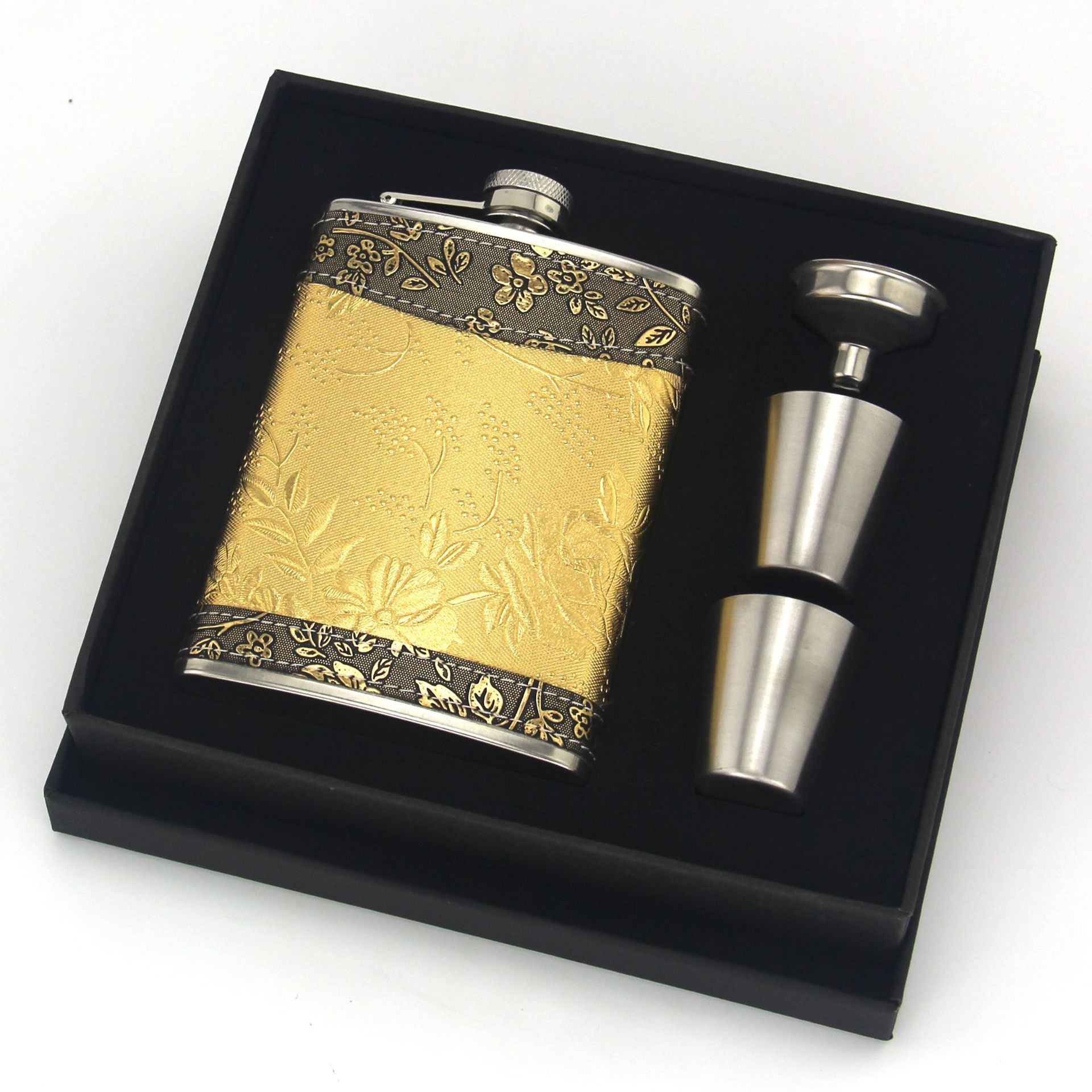 8oz Stainless Steel Hip Flask Gift Set with Elegant Floral Pattern and 2 Cups Plus Funnel for Outdoor Camping and Gifting - Image 1