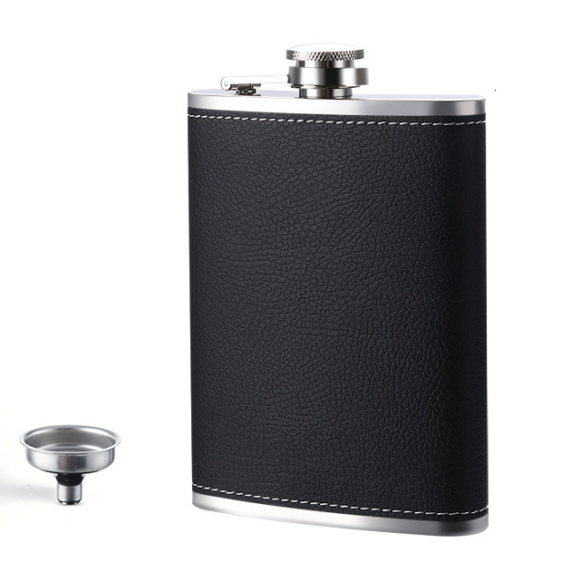 Black 8oz Stainless Steel Hip Flask with Black Lychee Grain Texture and Funnel, Portable 12.2cm Bottle for Australian Camping and Outdoors - Image 1