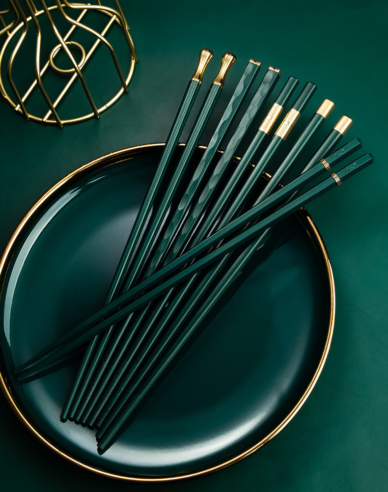 Two-piece Set Premium Alloy Chopsticks Set of 5 Pairs - 24.3cm Emerald Green and Gold Luxury Reusable Utensils for Modern Australian Dining - Image 1