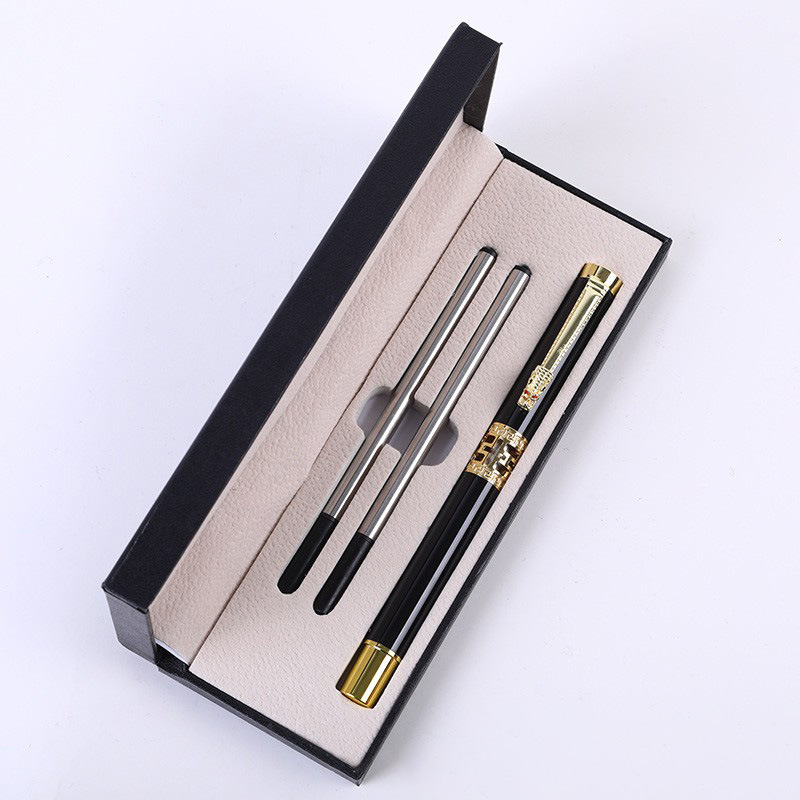Black Two-piece Set Luxury Retro Dragon Head Signature Pen Gift Set - Full Metal 0.5mm Rollerball Each Set with 2 Spare Refills for Business and Gifting - Image 1