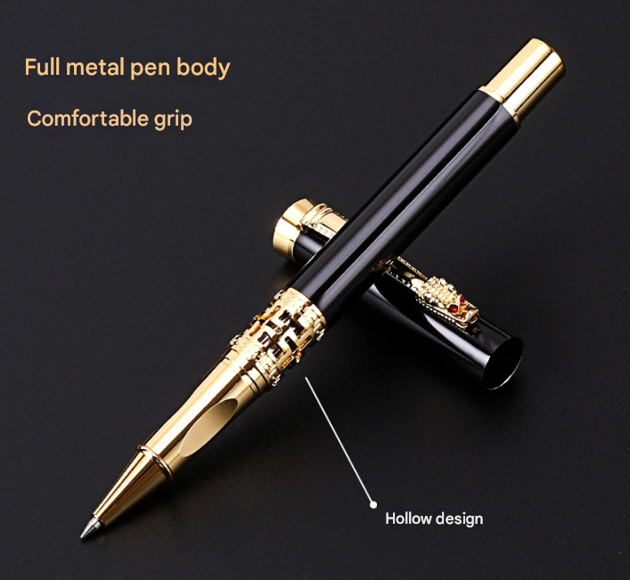 Black Two-piece Set Luxury Retro Dragon Head Signature Pen Gift Set - Full Metal 0.5mm Rollerball Each Set with 2 Spare Refills for Business and Gifting - Image 3