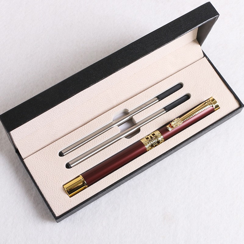 Red Two-piece Set Luxury Retro Dragon Head Signature Pen Gift Set - Full Metal 0.5mm Rollerball Each Set with 2 Spare Refills for Business and Gifting - Image 1