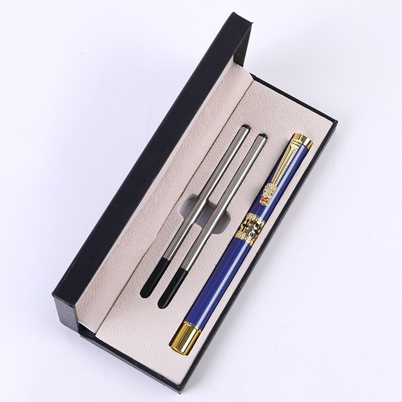 Dark Blue Two-piece Set Luxury Retro Dragon Head Signature Pen Gift Set - Full Metal 0.5mm Rollerball Each Set with 2 Spare Refills for Business and Gifting - Image 1