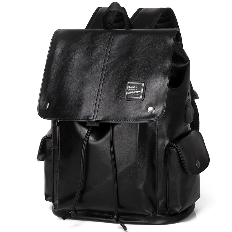 Black Men's Fashion PU Leather Backpack - Large Capacity 42cm Laptop Rucksack for University, Travel and Casual Business Use - Image 1