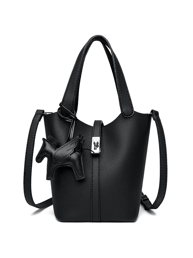 Black Women's Small PU Leather Bucket Bag with Secure Lock and Horse Charm - 20cm Compact Crossbody Handbag for Everyday Use - Image 1
