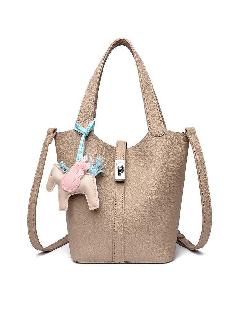 Khaki Women's Small PU Leather Bucket Bag with Secure Lock and Horse Charm - 20cm Compact Crossbody Handbag for Everyday Use - Image 1