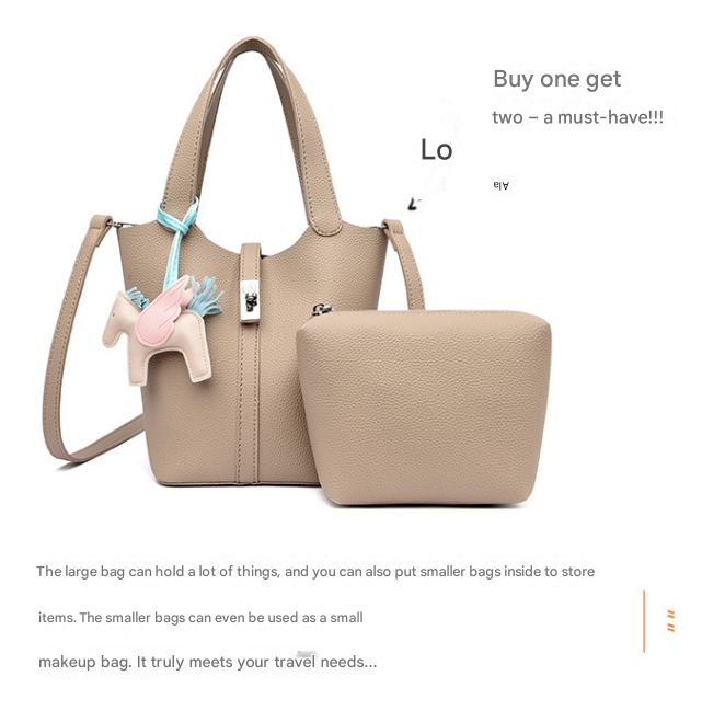 Khaki Women's Small PU Leather Bucket Bag with Secure Lock and Horse Charm - 20cm Compact Crossbody Handbag for Everyday Use - Image 4