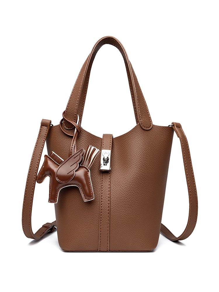 Brown Women's Small PU Leather Bucket Bag with Secure Lock and Horse Charm - 20cm Compact Crossbody Handbag for Everyday Use - Image 1