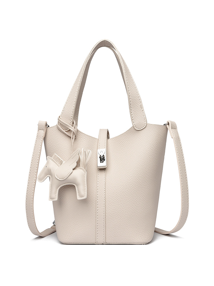Beige Women's Small PU Leather Bucket Bag with Secure Lock and Horse Charm - 20cm Compact Crossbody Handbag for Everyday Use - Image 1