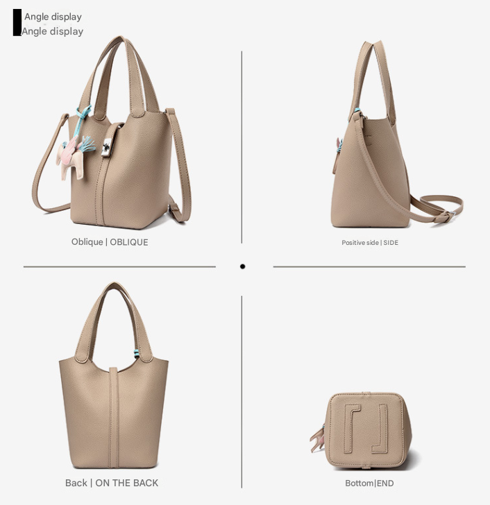 Beige Women's Small PU Leather Bucket Bag with Secure Lock and Horse Charm - 20cm Compact Crossbody Handbag for Everyday Use - Image 3