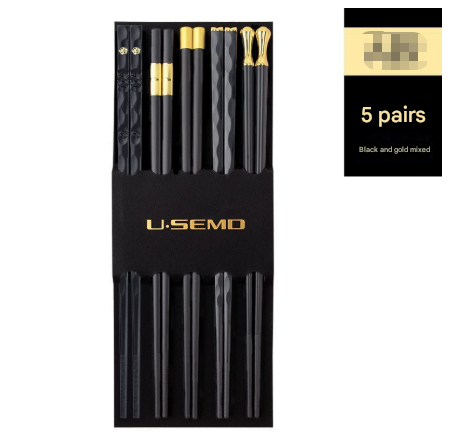 Two-piece Set Premium Alloy Chopsticks Set of 5 Pairs - 24.3cm Black and Gold Luxury Reusable Utensils for Modern Australian Dining - Image 1
