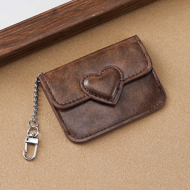 2PCS Coffee Women's Slim PU Leather Card Holder with Cute Heart Detail and Keychain Clip - Ultra Thin Portable Card Sleeve for Daily Use and Gifting - Image 1