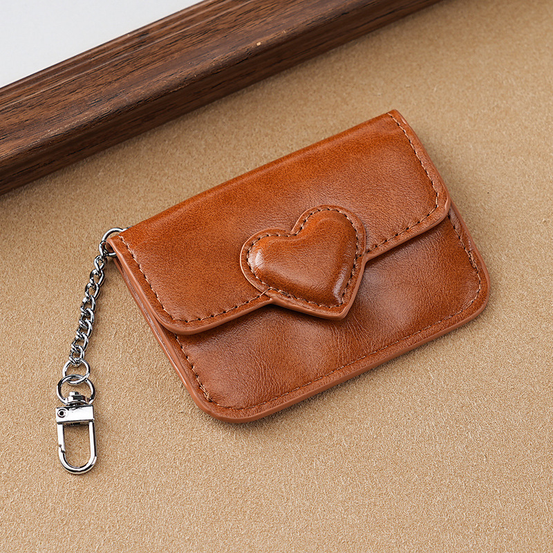 2PCS Brown Women's Slim PU Leather Card Holder with Cute Heart Detail and Keychain Clip - Ultra Thin Portable Card Sleeve for Daily Use and Gifting - Image 1
