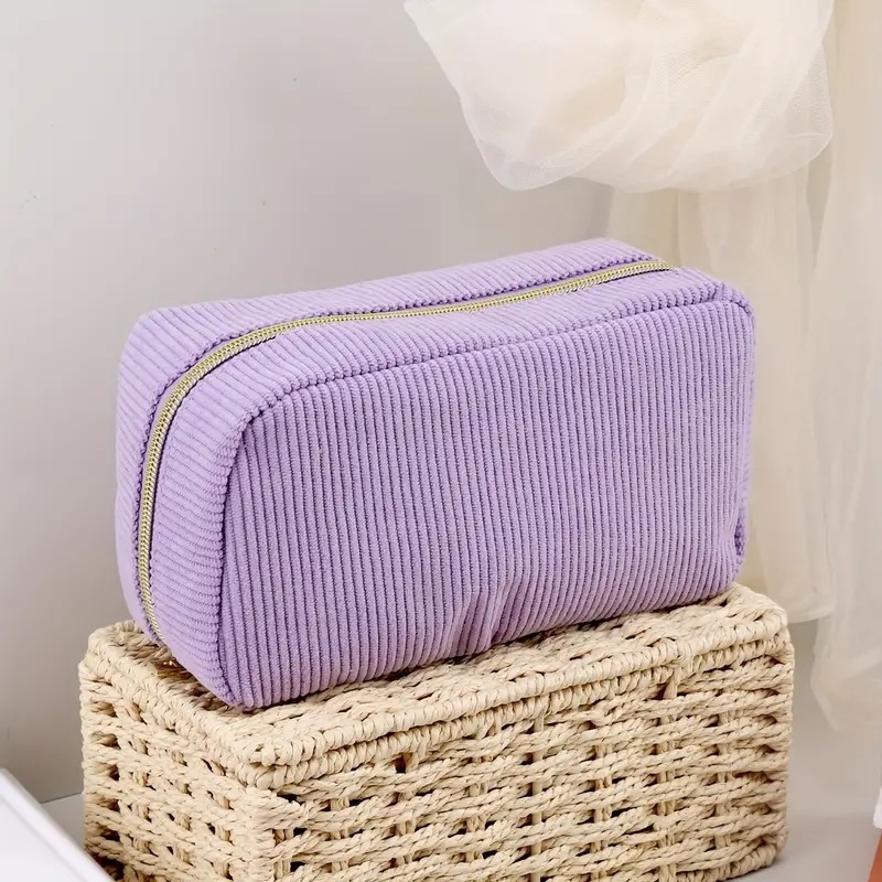 Purple Corduroy Cosmetic Bag Large Capacity 20cm Makeup Pouch for Lipstick Jewelry and Keys - Soft Portable Travel Toiletry Organiser - Image 1