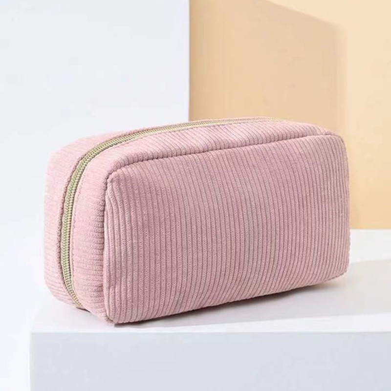 Pink Corduroy Cosmetic Bag Large Capacity 20cm Makeup Pouch for Lipstick Jewelry and Keys - Soft Portable Travel Toiletry Organiser - Image 1