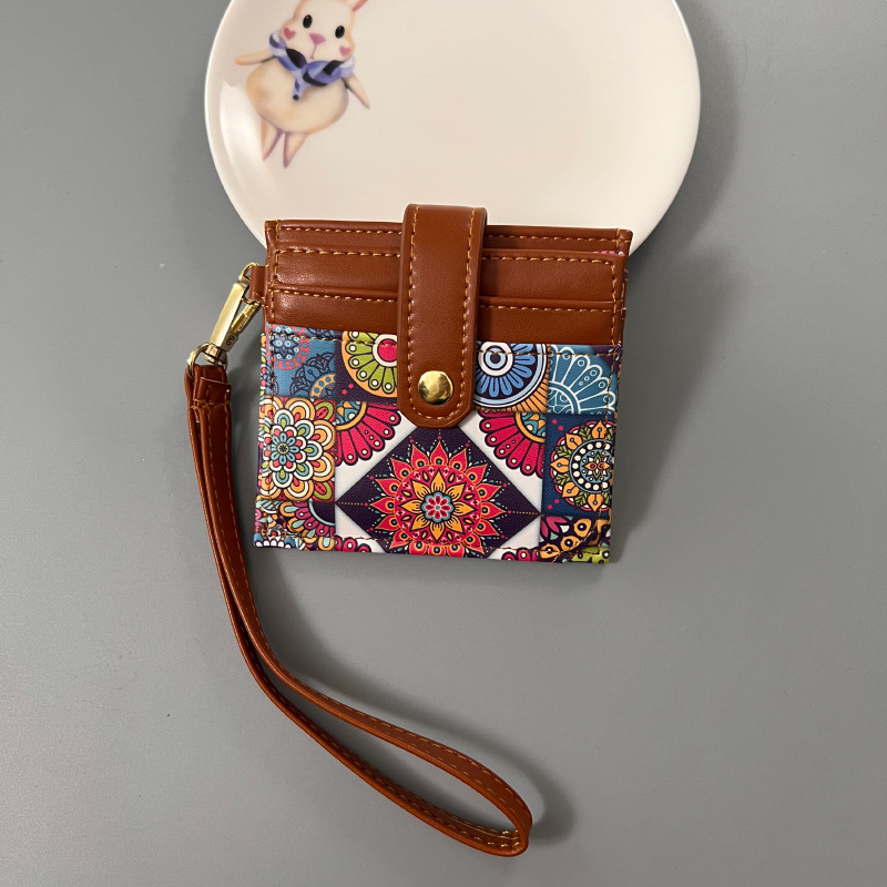 Colorful Ethnic Mandala Pattern PU Leather Mini Card Holder with Wrist Strap and Buckle - Slim High-End Multi-Slot Card Sleeve for Daily Use - Image 1