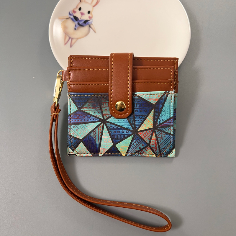 Blue Colorful Ethnic Mandala Pattern PU Leather Mini Card Holder with Wrist Strap and Buckle - Slim High-End Multi-Slot Card Sleeve for Daily Use - Image 1