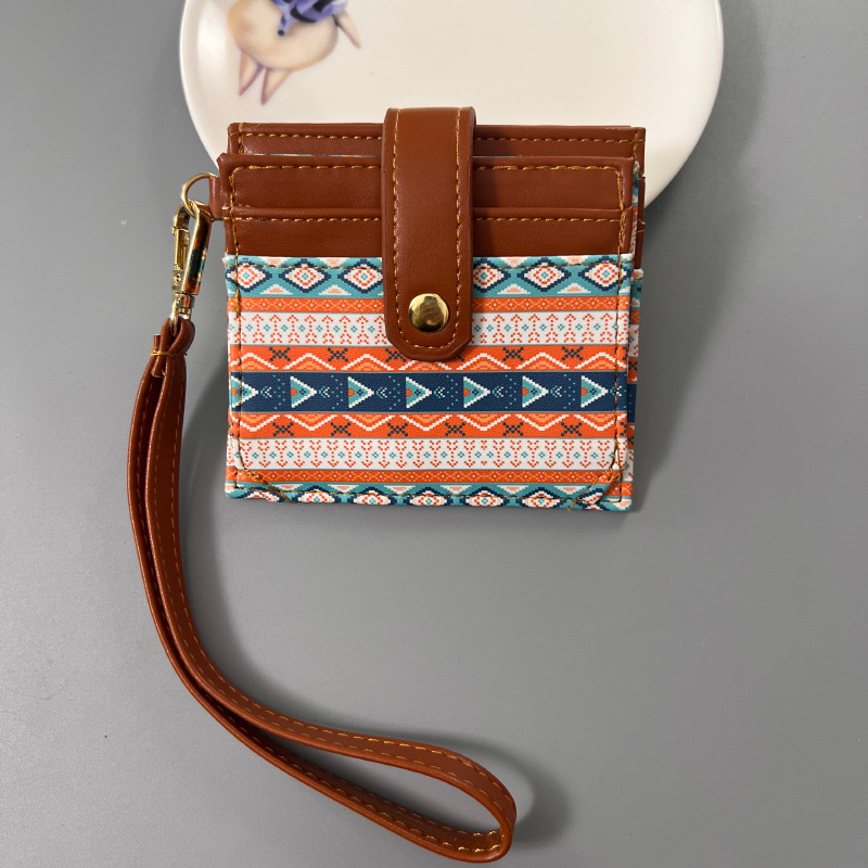 Orange Colorful Ethnic Mandala Pattern PU Leather Mini Card Holder with Wrist Strap and Buckle - Slim High-End Multi-Slot Card Sleeve for Daily Use - Image 1