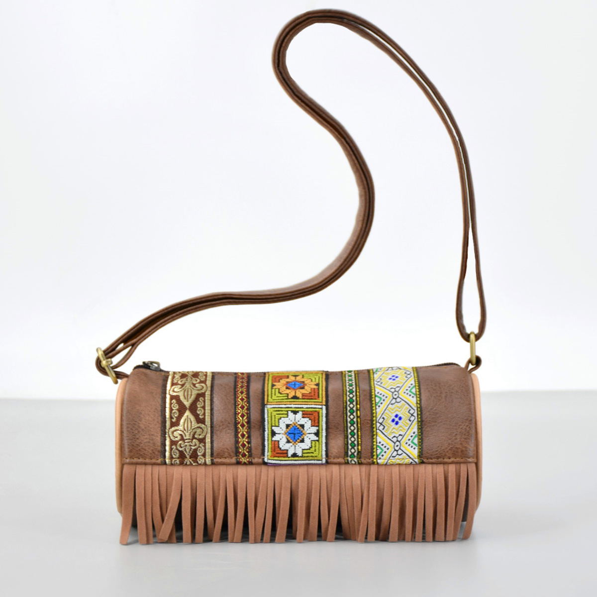 Boho Ethnic PU Leather Cylindrical Crossbody Bag with Embroidery and Fringe - 21cm Vintage Retro Drum Bag for Daily Use - Image 1