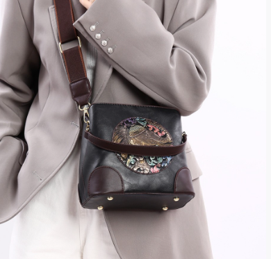 Black Vintage Ethnic Embossed Elephant Bucket Bag - Large Capacity PU Leather Handbag and Crossbody Shoulder Bag for Women - Retro Design 23x20cm - Image 1