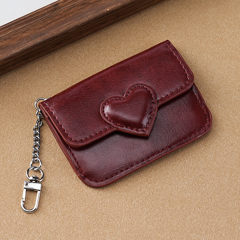 2PCS Wine Red Women's Slim PU Leather Card Holder with Cute Heart Detail and Keychain Clip - Ultra Thin Portable Card Sleeve for Daily Use and Gifting - Image 1