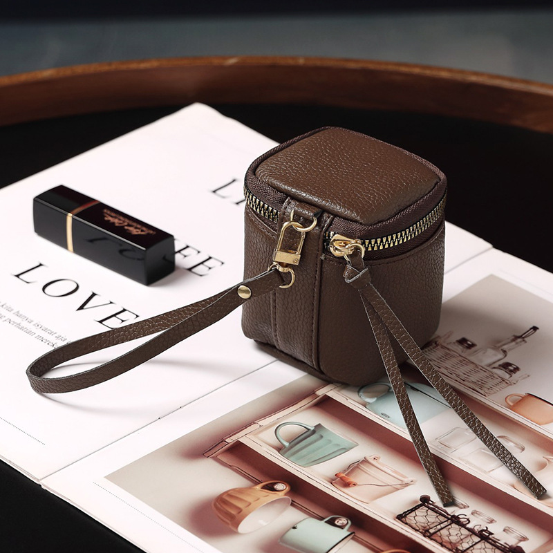 Coffee 2 Pack Mini PU Leather Cube Cosmetic Bag - Portable Travel Pouch for Lipstick, Coins and Jewelry - Compact Storage with Wrist Strap 8x7.5cm - Image 1