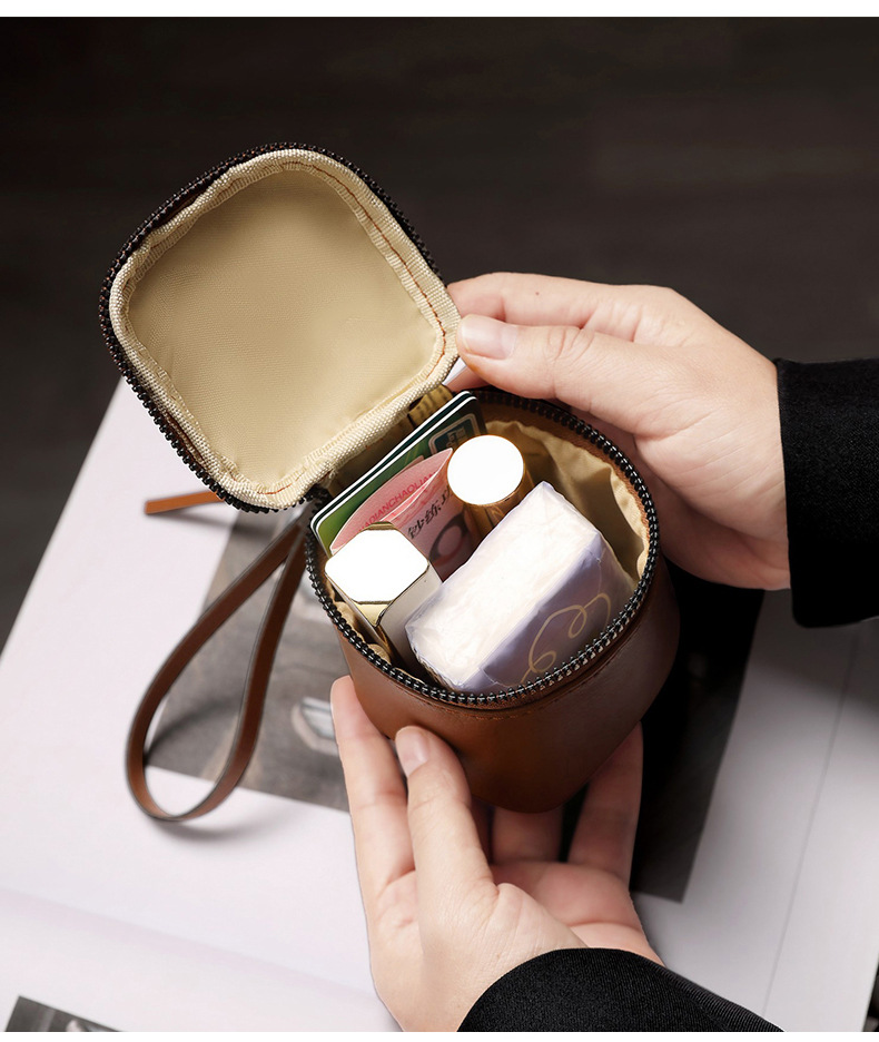 Coffee 2 Pack Mini PU Leather Cube Cosmetic Bag - Portable Travel Pouch for Lipstick, Coins and Jewelry - Compact Storage with Wrist Strap 8x7.5cm - Image 3
