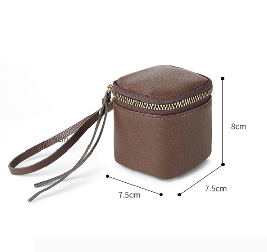 Brown 2 Pack Mini PU Leather Cube Cosmetic Bag - Portable Travel Pouch for Lipstick, Coins and Jewelry - Compact Storage with Wrist Strap 8x7.5cm - Image 2