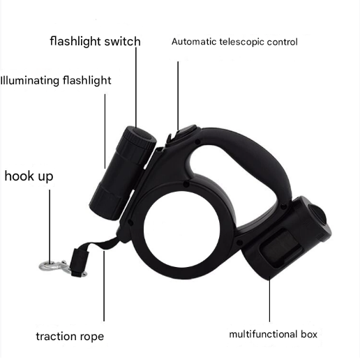 Black 3-in-1 Retractable Dog Leash with LED Flashlight and Waste Bag Dispenser 5m Nylon Lead for Dogs up to 20kg Essential Pet Walking Gear - Image 2