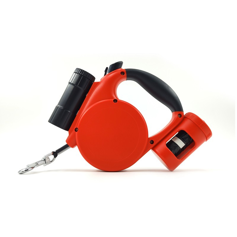 Red 3-in-1 Retractable Dog Leash with LED Flashlight and Waste Bag Dispenser 5m Nylon Lead for Dogs up to 20kg Essential Pet Walking Gear - Image 1