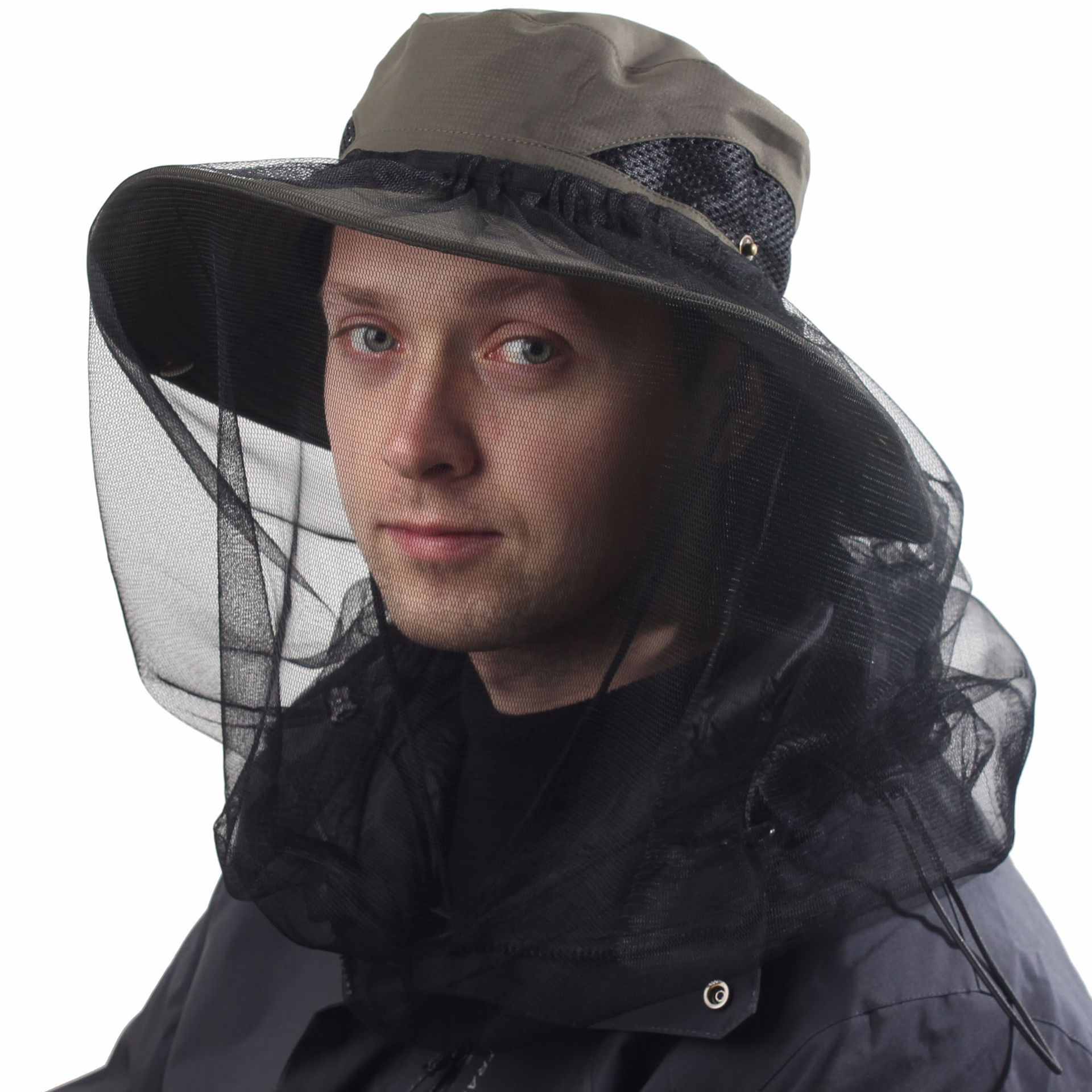 Green Outdoor Mosquito Head Net Hat with 40cm Mesh Shield - Wide Brim Sun Protection Bucket Hat for Fishing and Hiking - Quick Dry Breathable Cap - Image 1