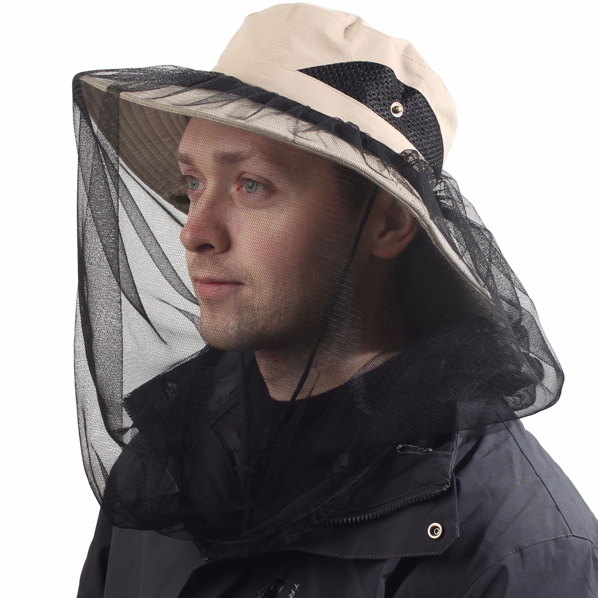 Khaki Outdoor Mosquito Head Net Hat with 40cm Mesh Shield - Wide Brim Sun Protection Bucket Hat for Fishing and Hiking - Quick Dry Breathable Cap - Image 1